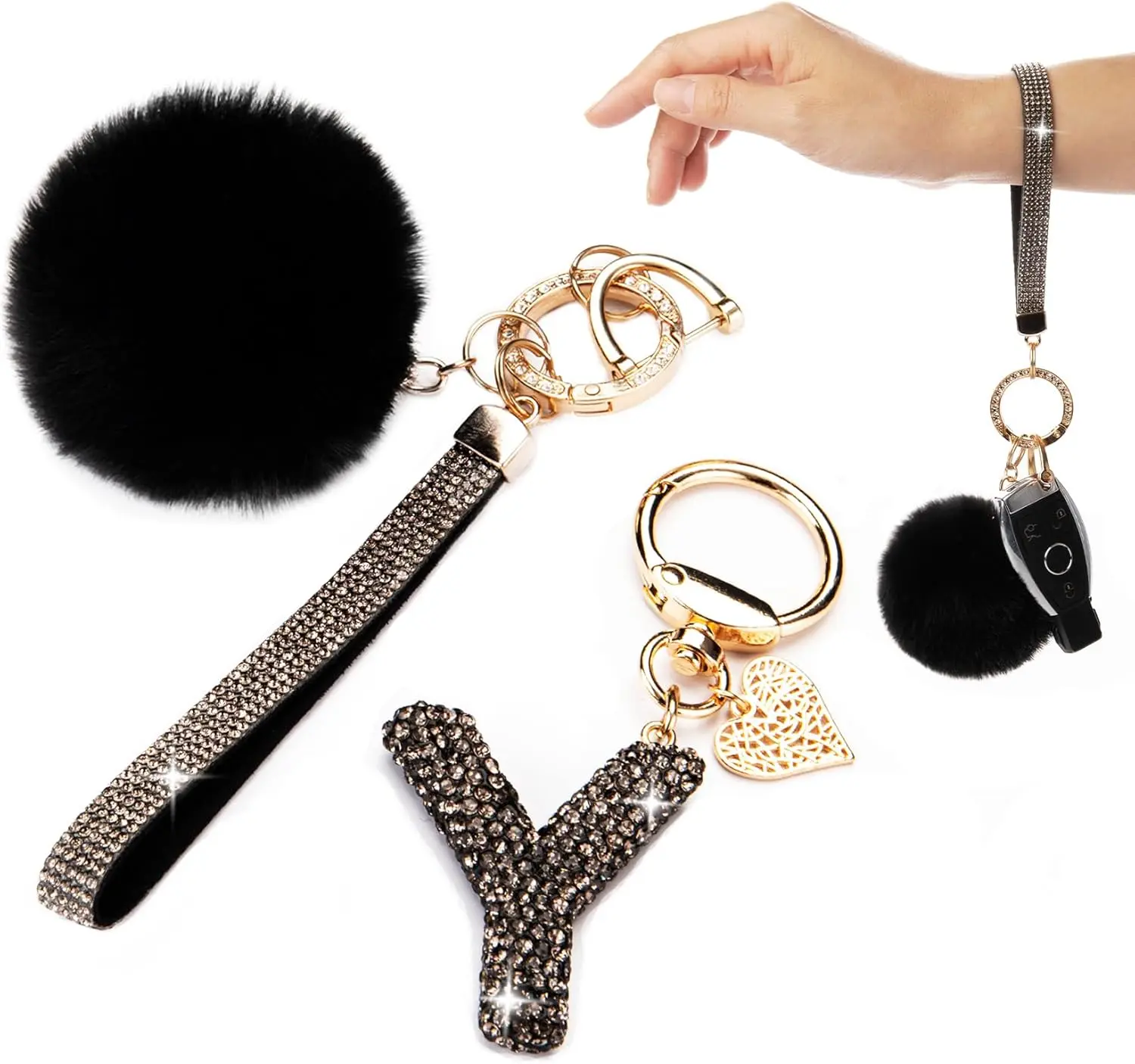 Women's Letter Initial Keychain - Sparkly Bling Rhinestone Key Charms with Pom Pom Charm, Car Interior Decoration Wristlet for Bags, Backpacks, Purses, Ideal Gift Ideas
