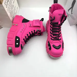 Men's bright pink high-top platform boots with PU sole and upper and pigskin insole. Suitable for casual and personalized looks in autumn and winter. Men's fashionable boots, street shoes, urban footwear. Quality construction,  Flatform Boy Closed