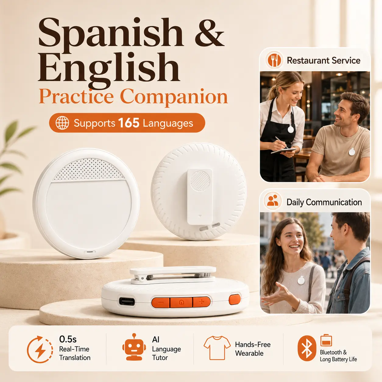 Wearable AI Translator Device, 0.5s Real-Time Two-Way Voice Translation, Supports 165 Languages, Spanish & English Practice, AI Language Tutor, Smart Vocabulary Review, Bluetooth Clip-On Hands-Free Translator for Travel, Work, Restaurants, Retail & Hotels