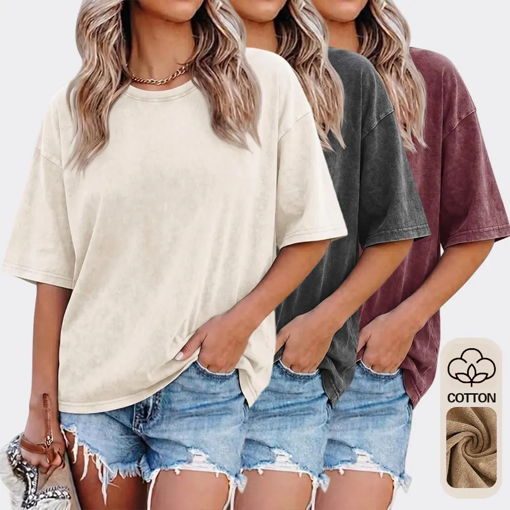 Women’s T-shirt made from washed pure cotton—thick, casual, and comfortable; loose solid basic top. Breathable, lightweight, quick-drying short-sleeve T-shirt suitable for workouts and work; an ideal choice for spring, summer, and autumn.