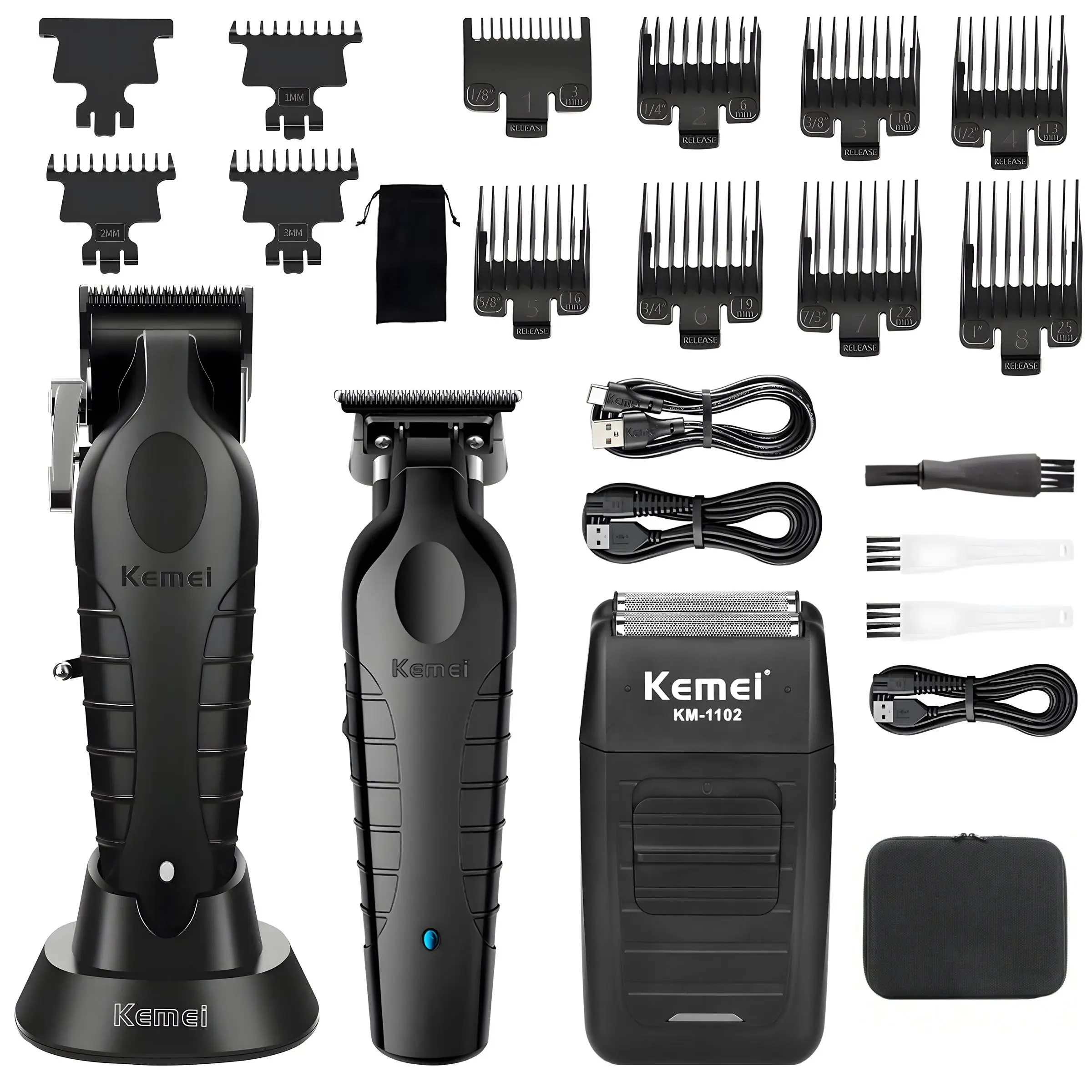 Kemei Hair Care Trimmer Set, Km-2296+km-2299 Razor + Km-1102 Electric Shaver, USB Rechargeable Trimmer, Professional Grooming Kit for Men & Women, Trimmer and Shaver