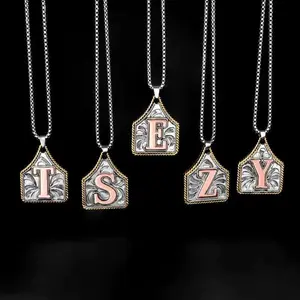 Handmade Cow Tag Necklace with Copper Initial A-Z Letter Pendant Stainless Steel Box Chain 22inch for Men Women Capital Letter T S E Z Y Jewelry Unique Design Versatile