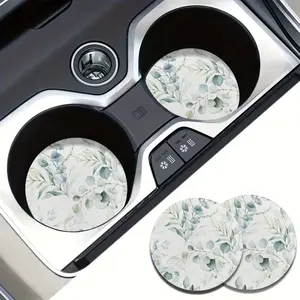 2pcs Eucalyptus Leaves EVA Absorbent Car Cup Holder Coaster Mats for Vehicles & Home Desk - Car Interior Accessories, Water Cup Coasters