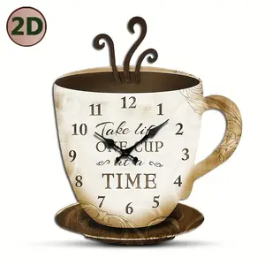 Wooden Wall Clock with Coffee Cup Art Design, Unique Artistry, Silent Sweep Movement, Battery Powered, Home Decor & Attic Space Ideal Choice
