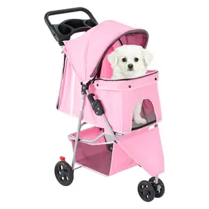 3 Wheels Pet Stroller, Dog and Cat Strollers, With Storage Basket and Cup Holder, Lightweight Travel Carrier, Breathable Mesh, Waterproof and Foldable for Small Pets Outdoor Walk