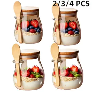 Glass Storage Jar with Lid & Spoon, 2/3/4 Counts Overnight-Oats Jar with Stickers & Pen, Food Storage Container for Yogurt, Spice, Salad, Kitchen, Glass Mason Jar
