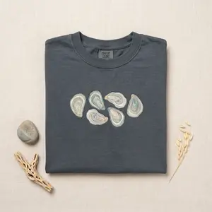 Embroidered Oyster Shell Tee Comfort Color Shirt, Coastal Beach Ocean Graphic Tee Comfort Color Tee