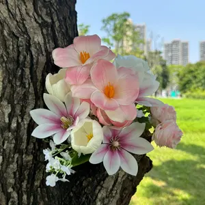 Pink White Artificial Bridal Bouquet Mixed Silk Flowers Wedding Bouquet with Roses Lilies Peonies Real Touch Faux Flowers for Bride Bridesmaid Home Decor Romantic Floral Arrangement