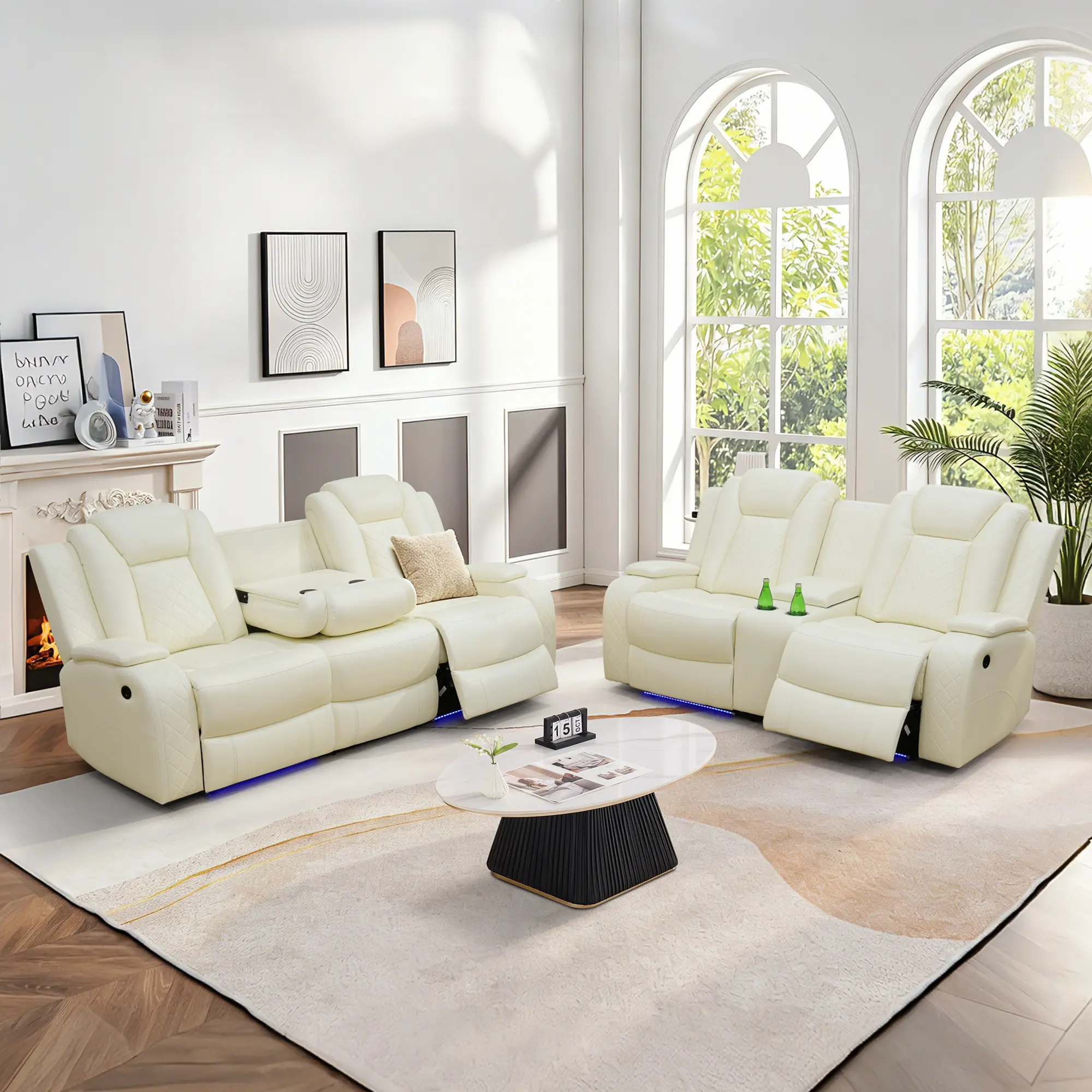 Premium Breathing Leather Living Room 2-Piece Electric Recliner Set - Modern Sofa & Loveseat, Reclines, Storage, Light Up Your Space, Meticulous Craftsmanship for Luxury Comfort & Elegance