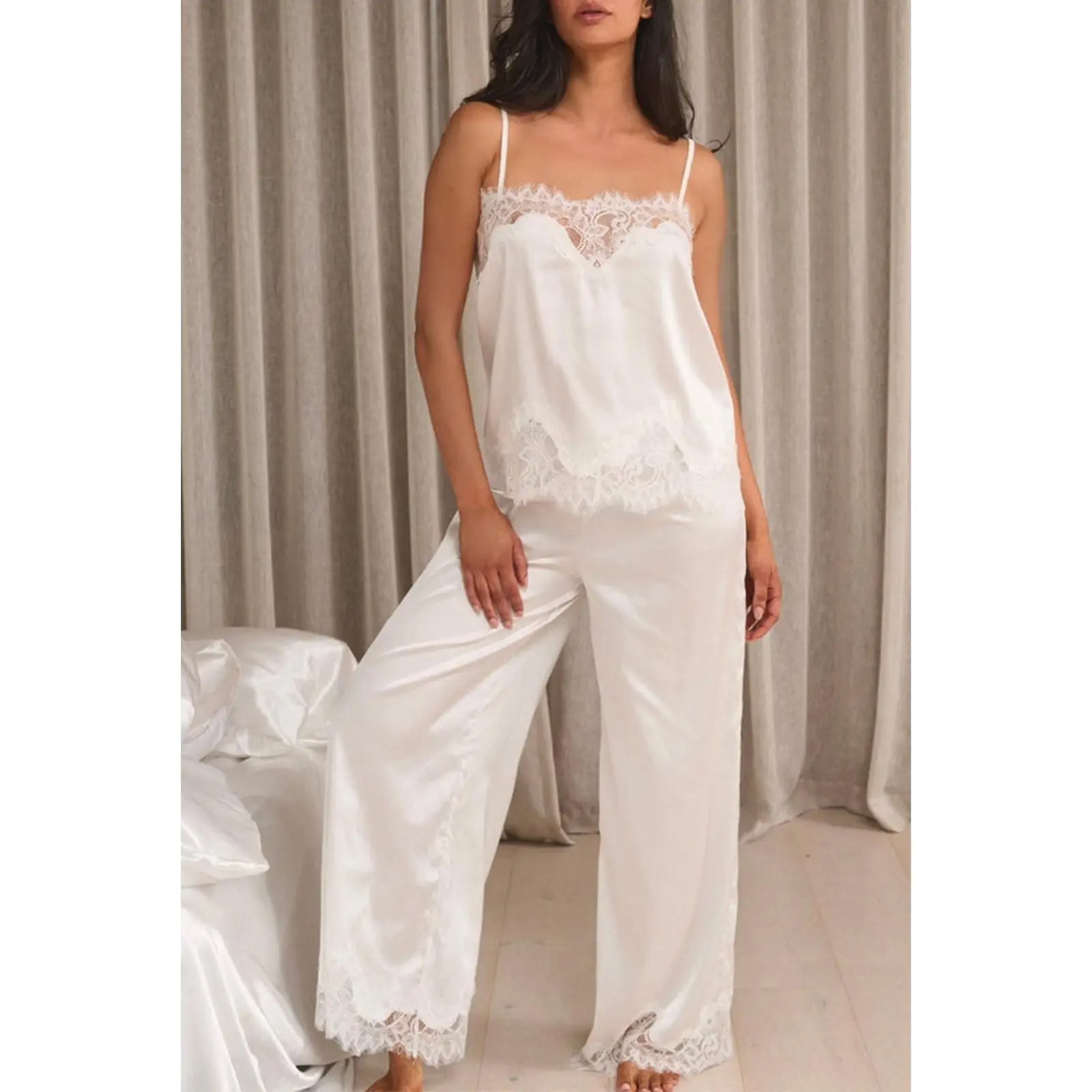 Women's Satin Lace Trim Cami Pajama Set, White Silk Camisole and Wide Leg Pants Sleepwear, 2 Piece Loungewear Set for Bridal