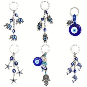 1 piece blue eye elephant pendant alloy key ring blue eye owl pendant key ring blue eye starfish dolphin fringed car keychain, men's and women's fashion jewelry lucky eye