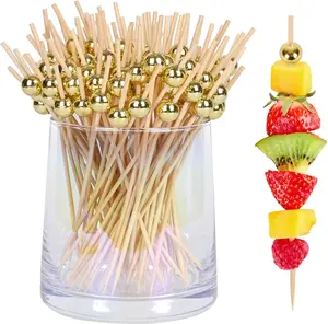 100 PCS Gold Pearl Cocktail Picks 4.7 Inch Bamboo Toothpicks for Appetizers Drinks & Elegant Party Presentation Oral Dental Floss Kitchen Utensils Disposable Fruit Skewers Party Tableware Set Indoor Lightweight Smooth Stylish
