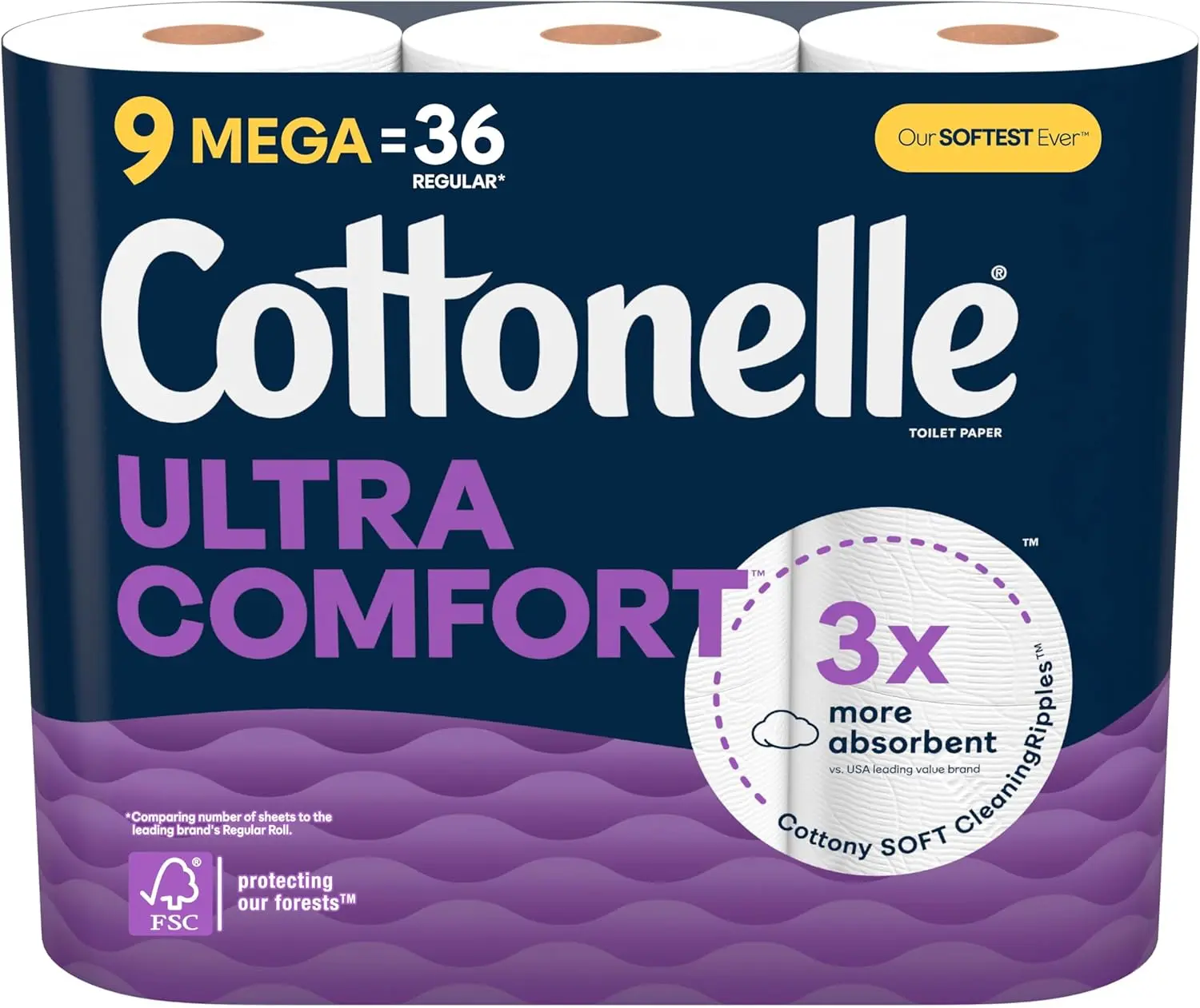 Ultra Comfort Toilet Paper, 9 Mega Rolls (9 Mega Rolls = 36 Regular Rolls), 244 Sheets per Roll, Packaging May Vary