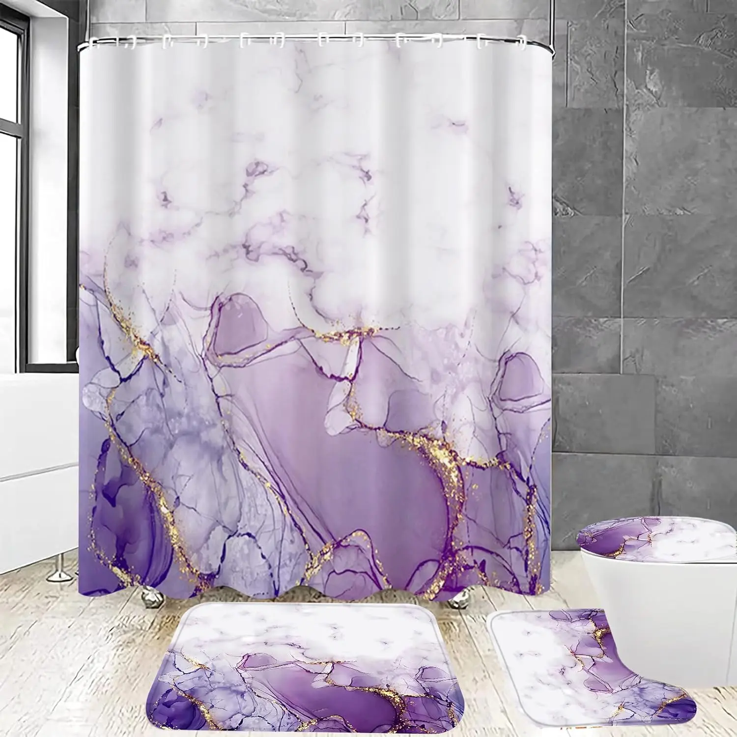 4 Pcs Purple Marble Shower Curtain Set with Gold Glitter, Bathroom Accessories Shower Curtain Bath Mat Rug Toilet Lid Cover,Waterproof Polyester, 72x72 Inches, Luxury Glam Bathroom Decor,family