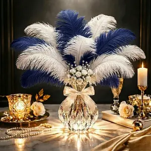 12 Pcs Faux Ostrich Feathers – Wedding Centerpiece Decorations, Vase Fillers, and Party Decor – 12–14 Inches – White & Navy Blue Pack (6+6) – Soft & Fluffy