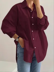 Women's Fashion Simple Basic Minimalist Loose Fit Solid Color Button Up Long Sleeve Shirt, Casual Collared Stylish All Seasons Blouse for Daily Wear, Comfortable and Versatile Clothing, Button Down Shirt Top, Casual Everyday Top