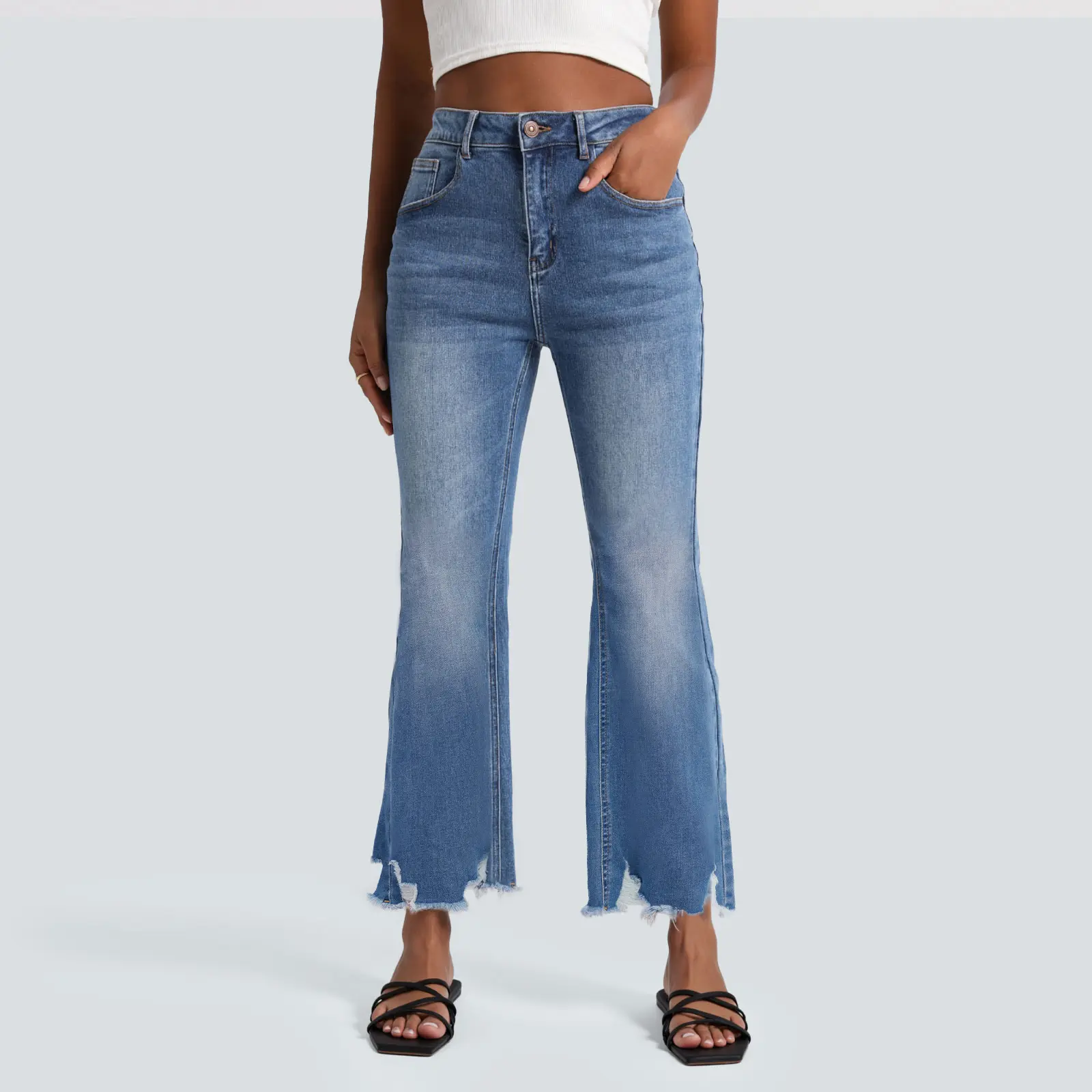 FireSwan Women's High Rise Cropped Bootcut Jeans in Stretch Denim, Relaxed Fit Raw Hem Trouser for Casual Streetwear, Lady, Bottom, Women's Clothes, Pants For Women