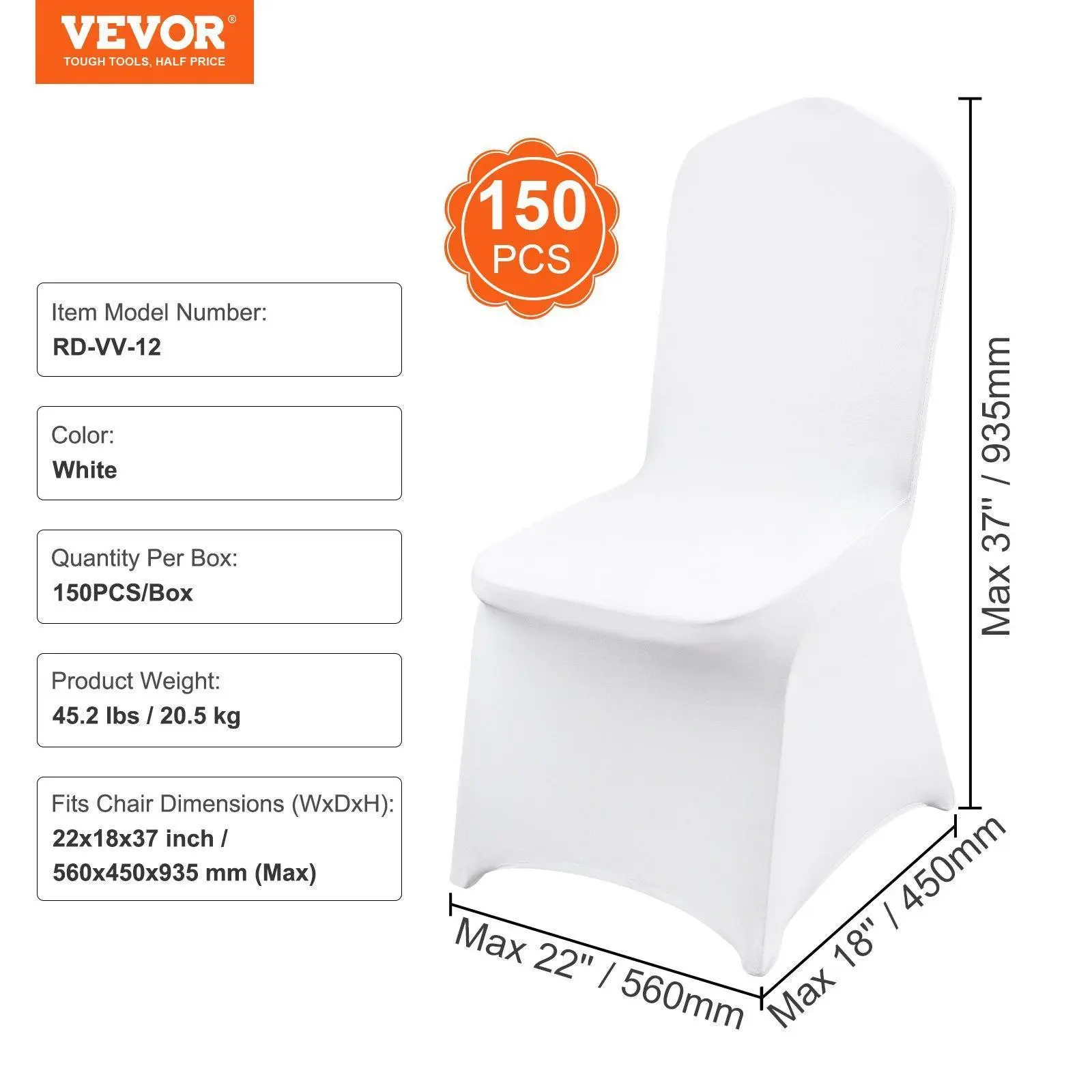 VEVOR 150 Pcs Stretch Spandex Blend Fitted Folding Chair Covers, 22x18x37 In Universal Slipcovers, Wrinkle-Resistant Durable Smooth Fabric Protectors, Machine-Washable Removable for Weddings, Parties, Events, Party