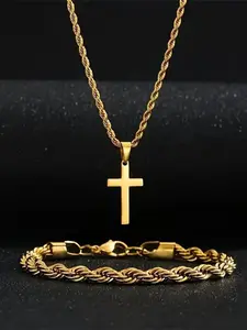 Gold & Silver Cross Necklace & Rope Chain Bracelet Set | Men’s Faith Jewelry | Stainless Steel Chain | Trendy Gift for Him