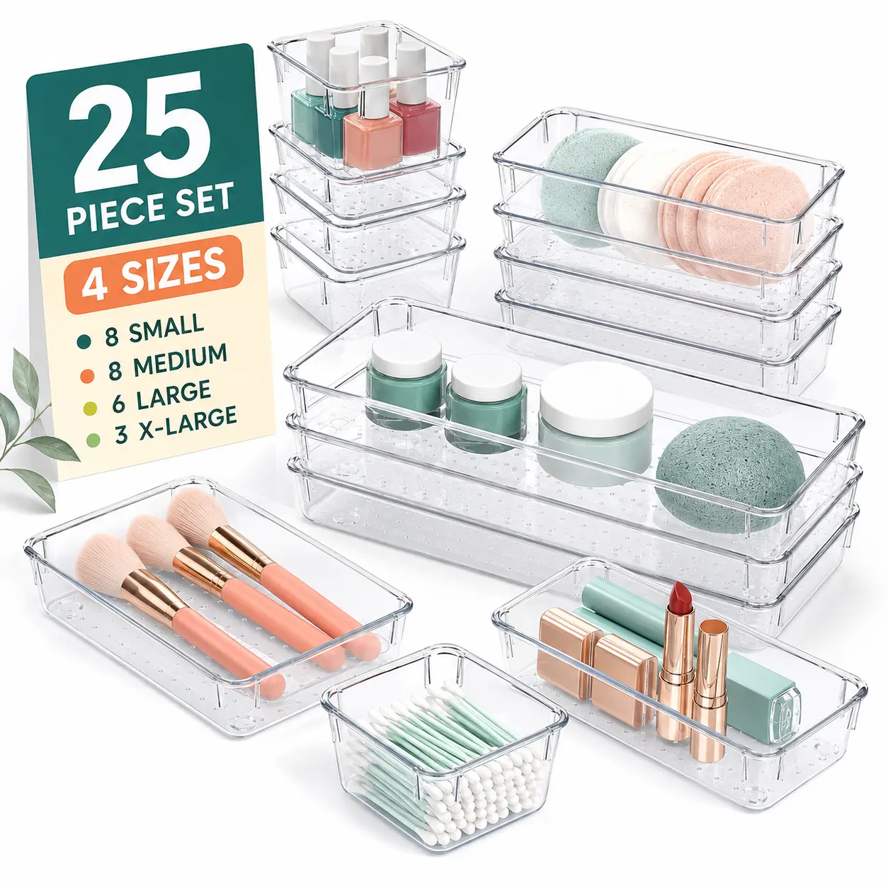 8 Pack / 25 Pack Clear Plastic Drawer Organizer Trays, Stackable Non Slip Dotted Base Drawer Divider Inserts, Transparent Space Saving Storage Bins for Makeup Vanity Bathroom Toiletries Kitchen Utensils Office Desk Bedroom Dresser Drawer Sorting.