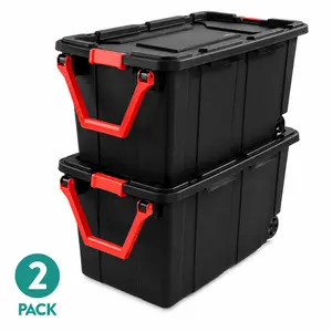 Open Box Sterilite Extra-Large Wheeled Industrial Storage Bin, 40 Gallon Durable Plastic Storage Tote with Latching Lid and Pull Handle, Black, 2 Pack