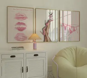 [Sale up to 50%] Retro Coquette Wall Art Set of 3 – Pink Lips, Bikini & Bow Heels Prints – Y2K Girly Room Decor, Dorm Aesthetic Posters
