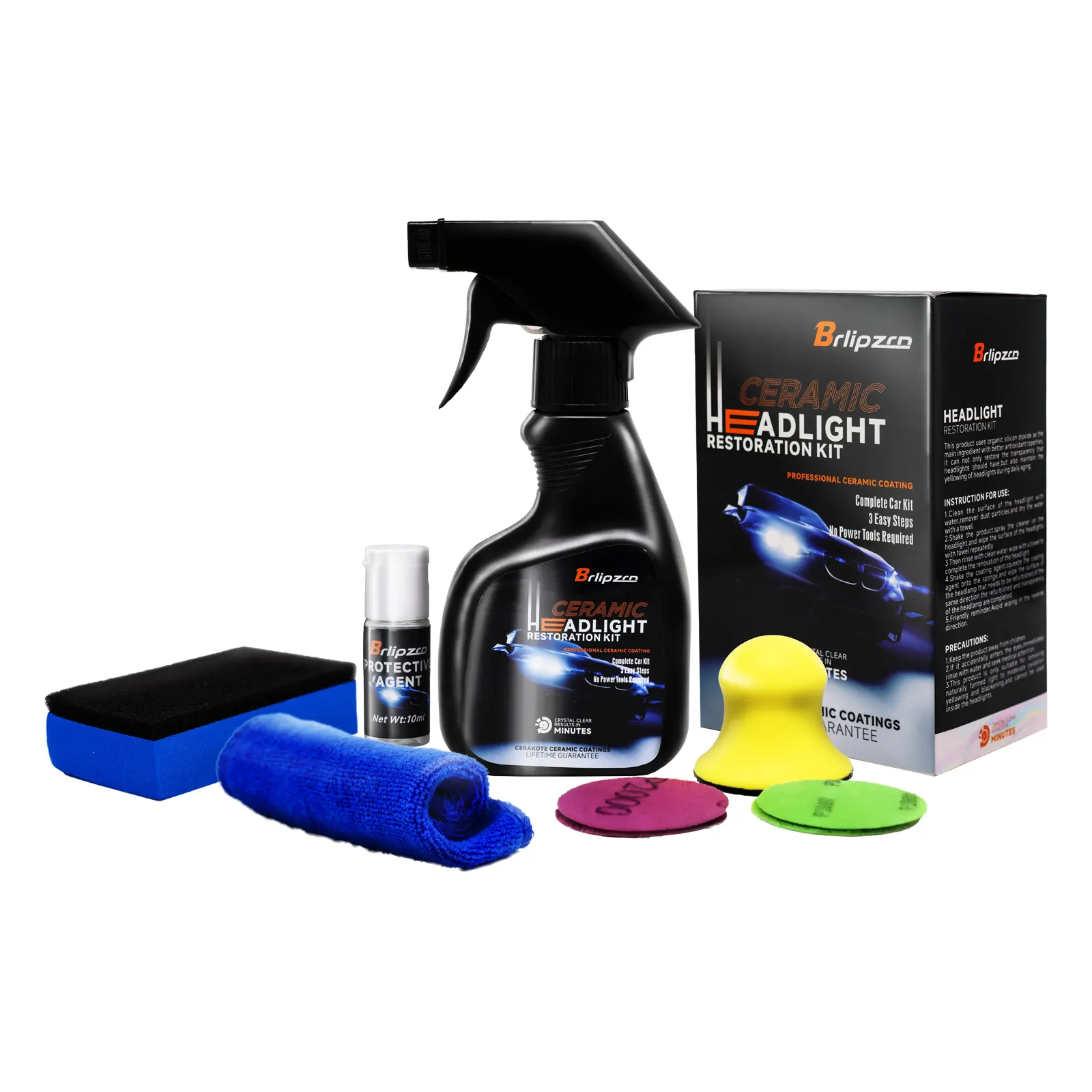 Brlipzrn Headlight Restoration Kit - Remove Yellowing & Oxidation, Restore Cloudy Headlights, DIY Headlight Cleaner with UV Protective Coating