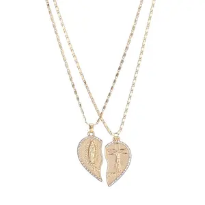 Virgin Mary Heart Necklace, Double Chain Combination Prayer Pendant for Women & Men, TE AMO Inscribed Couple Necklace, Religious Symbolism, Elegant Dual Heart Design, 45cm Chain Length，Valentine’s Day gift