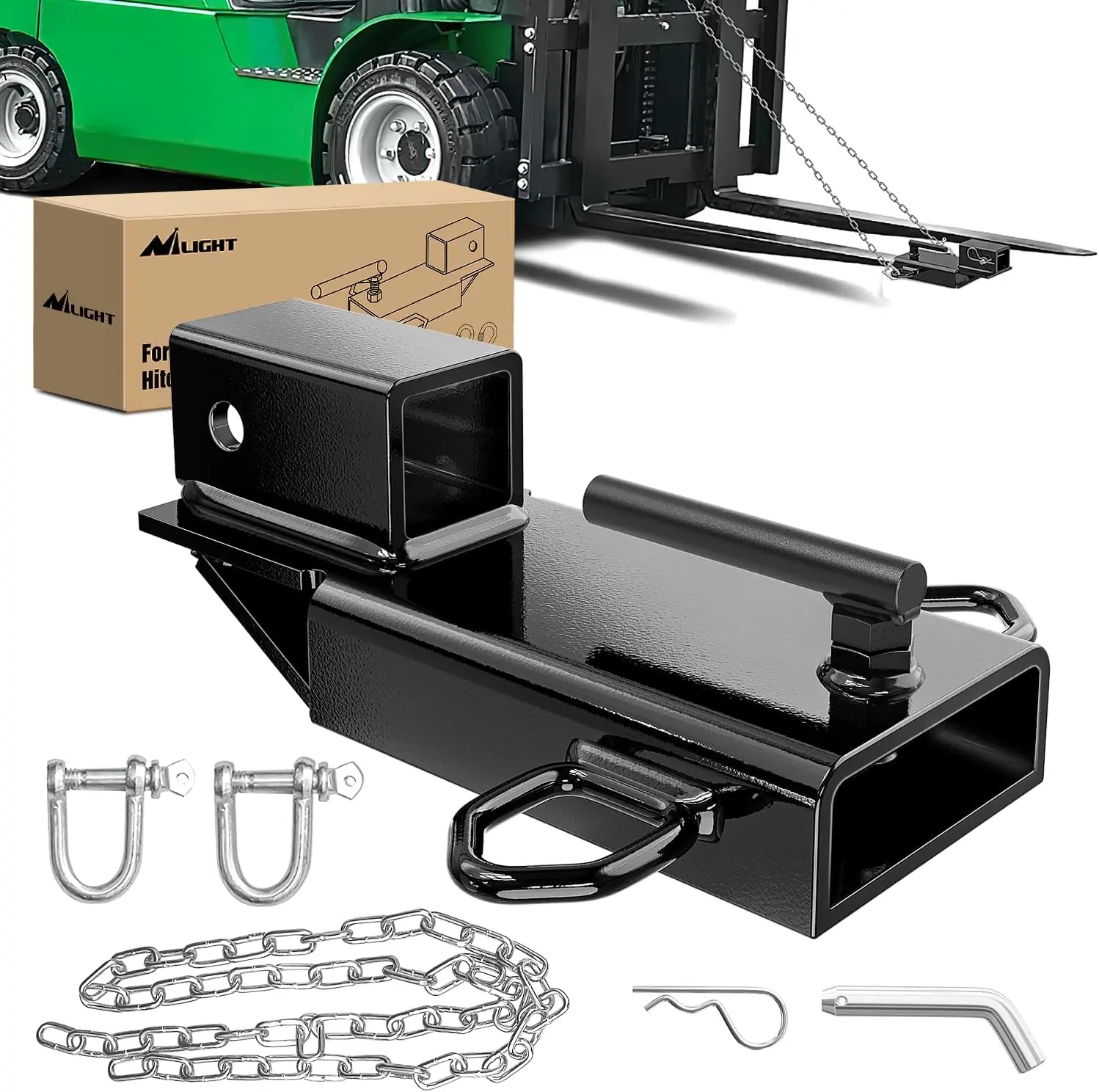 Nilight Clamp-On Forklift Trailer Hitch Attachment - Heavy-Duty 1.3" Thick Steel, Weather-Resistant, 2" Trailer Hitch Receiver Adapter, 5/8" Pin Clip, Safety Chain, Black Pulley, 3000lb Capacity for Construction,Farms (1 Forklift Pallet Fork)
