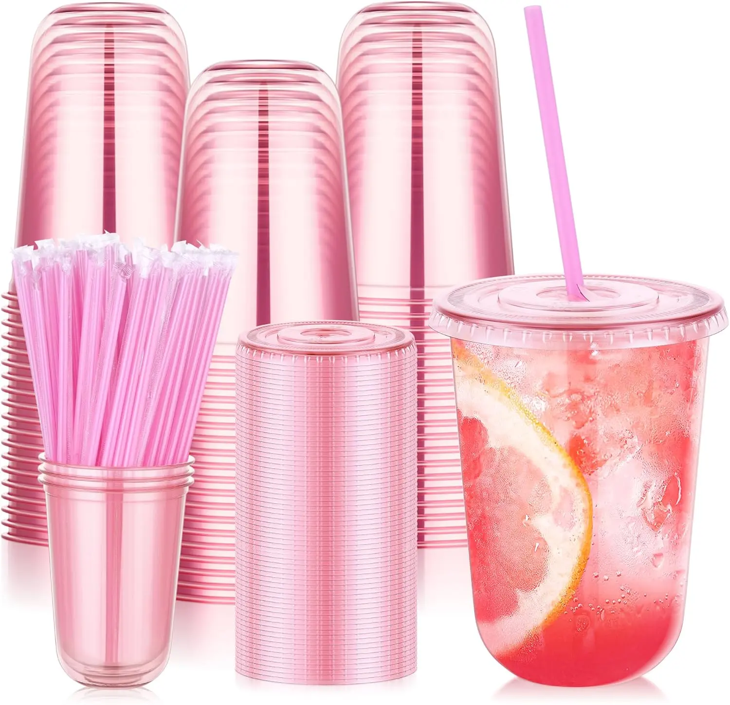 50-Pack 16 oz Lightweight Pink Disposable Plastic Party Drink Cups with Lids and Straws, Round Bottom for Iced Coffee, Birthday, Christmas Events