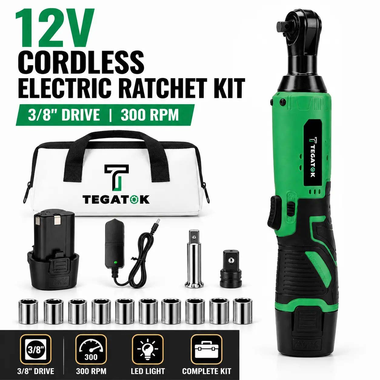 3/8" Cordless Electric Ratchet Wrench Kit, 12V Ratchet Tool with 2.0Ah Battery, Charger, Socket Set & LED Light for Auto Repair, Garage Maintenance & Home DIY nut removal