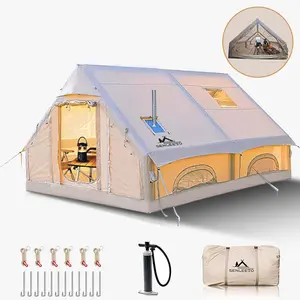 SENLEETO Inflatable Cabin Tent for 8-10 People, 129 Sq Ft, 5-Min Setup, 4-Season Waterproof Shelter with Stove Jack & Pump