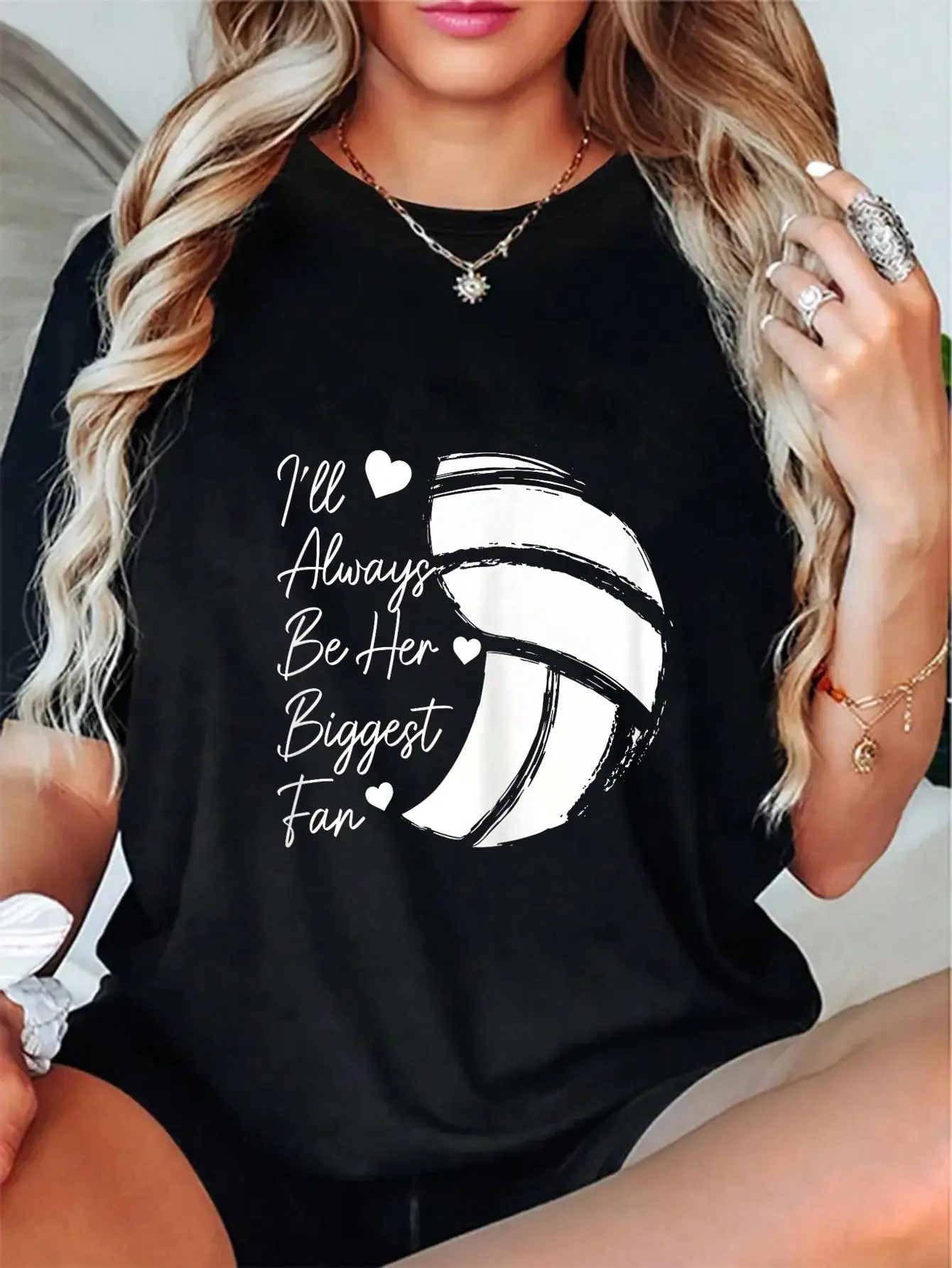 Women's Vintage Volleyball Graphic T-Shirt - 100% Cotton Round Neck Short-Sleeve Top with Distressed Look, Funny Print for Everyday Ladies, Tshirt