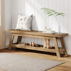 Tribesigns 55" Wood Bench With Shoe Storage for Entryway, 2-Tier Narrow Hallway Seating With Shelves