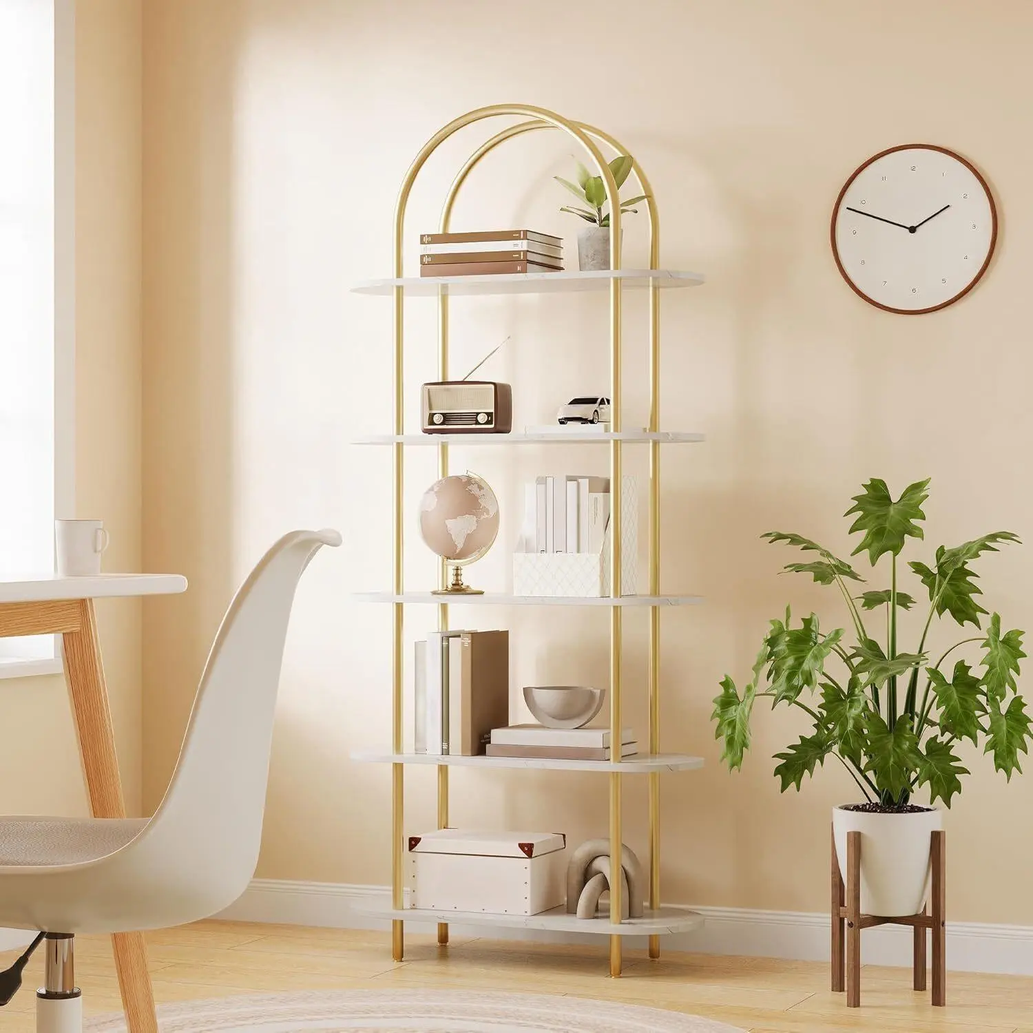 71-in Tall 5-Tier Industrial Metal Frame Arch Bookshelf, Open Adjustable Shelves, Gold & White for Living Room, Home Office