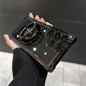 Transparent Rotating Gyroscope Phone Case with Stand and Lens Film, Shockproof Cover for Samsung Galaxy S25 Ultra S24 Ultra S23 Ultra