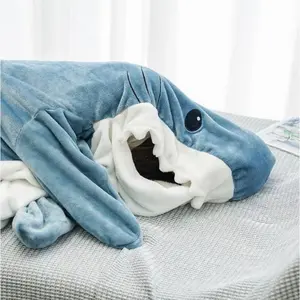Cozy Shark Onesie Blanket Super Soft Flannel Hooded Oversized Wearable Blanket Shark Sleep Pajamas for Kids Adults Womenswear Loungewear Nightwear Basic Home Sleeping Bag