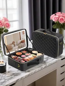 Travel Makeup Bag With Mirror Large Capacity Cosmetic Storage Box For In Shoulder And Insert Suitcase, Travel Cosmetic Bags, Travel Portable Makeup Bag Case With LED Light Mirror Makeup,31*24*12cm,Professional makeup case,Larg Makeup Organizer