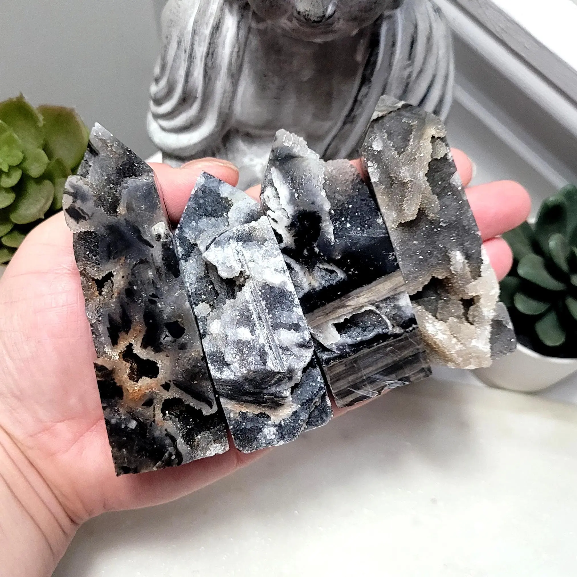 Natural Black Sphalerite Druzy Geode Healing Crystal Tower Point Obelisk, Natural Crystals Decor for Jewelry Accessories & Derivatives