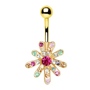 Gold Plated Rainbow CZ Flower Navel Ring