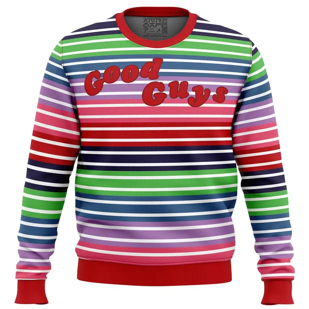 Chucky Doll Ugly Christmas Sweater 3D Horror Halloween Xmas Im Your Friend Till The End Striped Pullover Streetwear Casual Warm Oversized Sweatshirt Men Women Winter Fall Gift