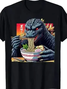 Godzilla Eating Ramen Print T-Shirt, Streetwear, 2026 Summer New Loose-Fit Soft Breathable Short Sleeve Top, Long Clothing, Printed Pattern, No Ca Prop 65 Re/ca