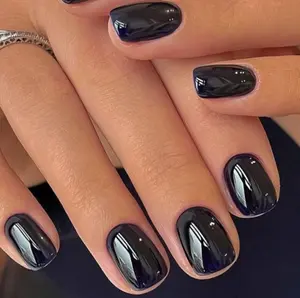 GLAMERMAID Extra Short Press on Nails, Pure Black Fall Gel Glue on Nails, Glossy Round UV Finish Fake Acrylic False Nails Manicure Kits for Women, Reusable Full Cover Stick Ons