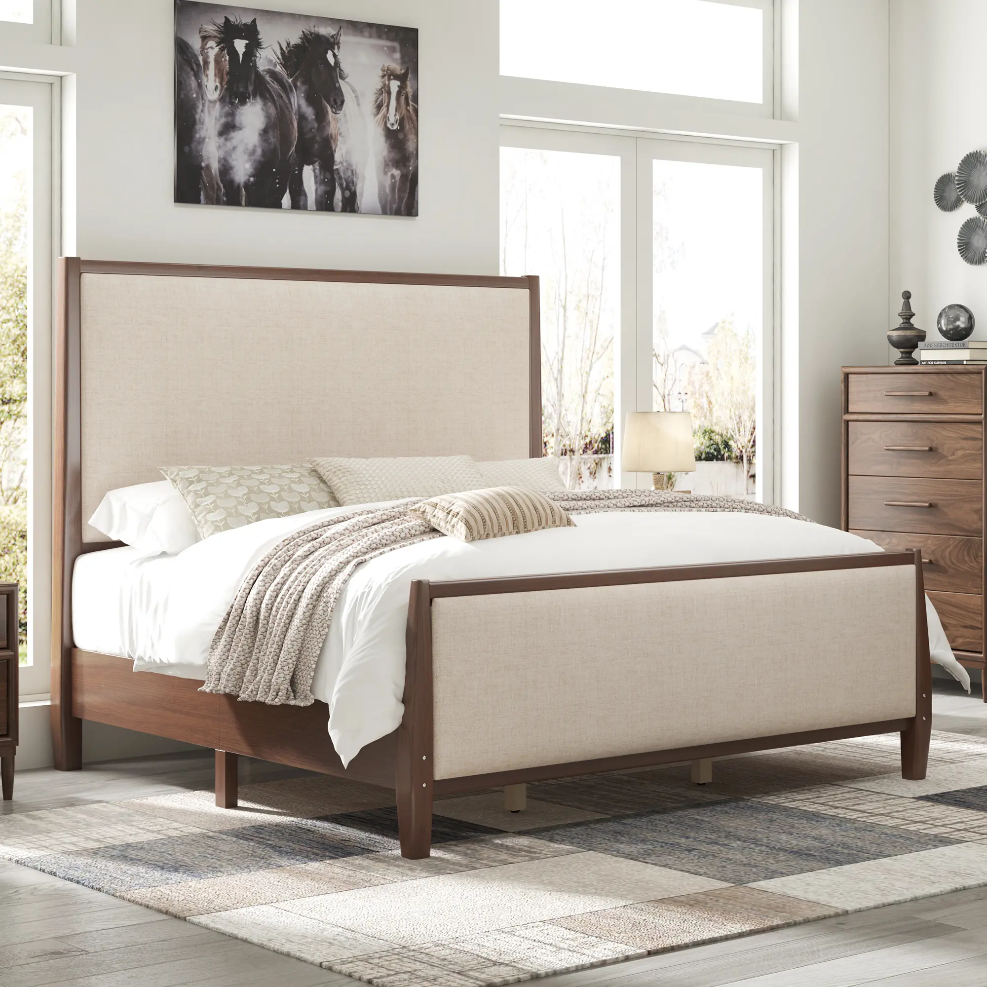 AMERLIFE 58" Tall Solid Wood Bed Frame with Upholstered Headboard & Footboard, Wooden Platform Bed Frame, No Box Spring Needed, Easy Assembly, Modern Farmhouse Style[tiktokshopbacktoschool][SohoChic]