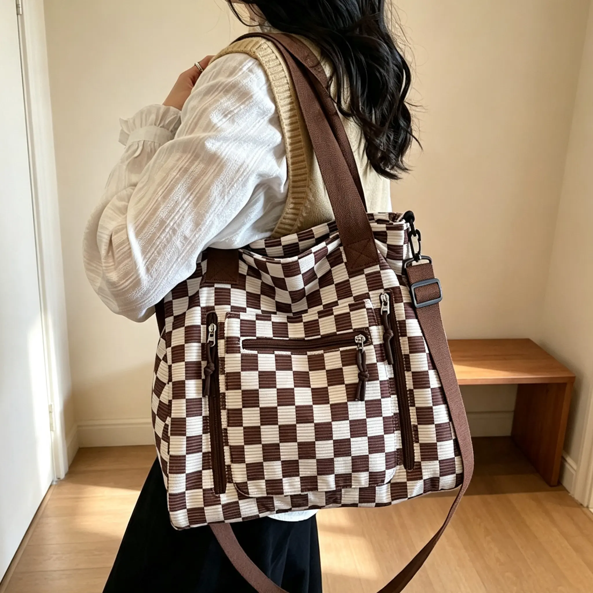 Large-Capacity Multi-Grid Textured Tote & Crossbody Bag - Detachable Strap Convertible Shoulder/Crossbody Handbag with Zipper Closure, Suitable for Commuting, School,, Casual Outfits, Multifunctional