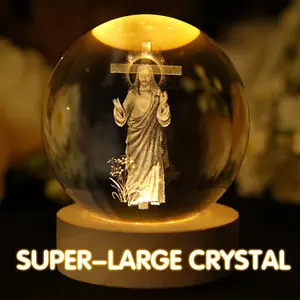 Large Size Crystal Ball Jesus Statue – Wooden Base Glass Sphere, Religious Home Decoration, Glow-in-the-Dark Gift Ornament