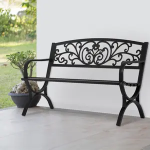 Black Outdoor Metal Loveseat Chairs Patio Garden Bench 50-inch Slatted Seat Armrests Floral Design Plastics Backres Perfect for Park, Yard, Porch, Lawn, Balcony, Backyard