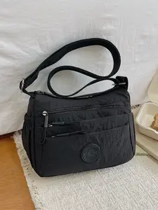 Lightweight Versatile Multifunctional Smooth Zipper Design Letter Decor Bag, Shoulder Crossbody Suitable for Daily Use Work Commute, Casual Crossbody Bag