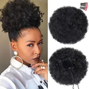 Afro Puff Drawstring Ponytail Extension for Black Women, Premium Black 1B# 80gram Short Synthetic Afro Puff Ponytail for Natural Hair,Clip On Kinky Drawstring Curly Ponytail Bun