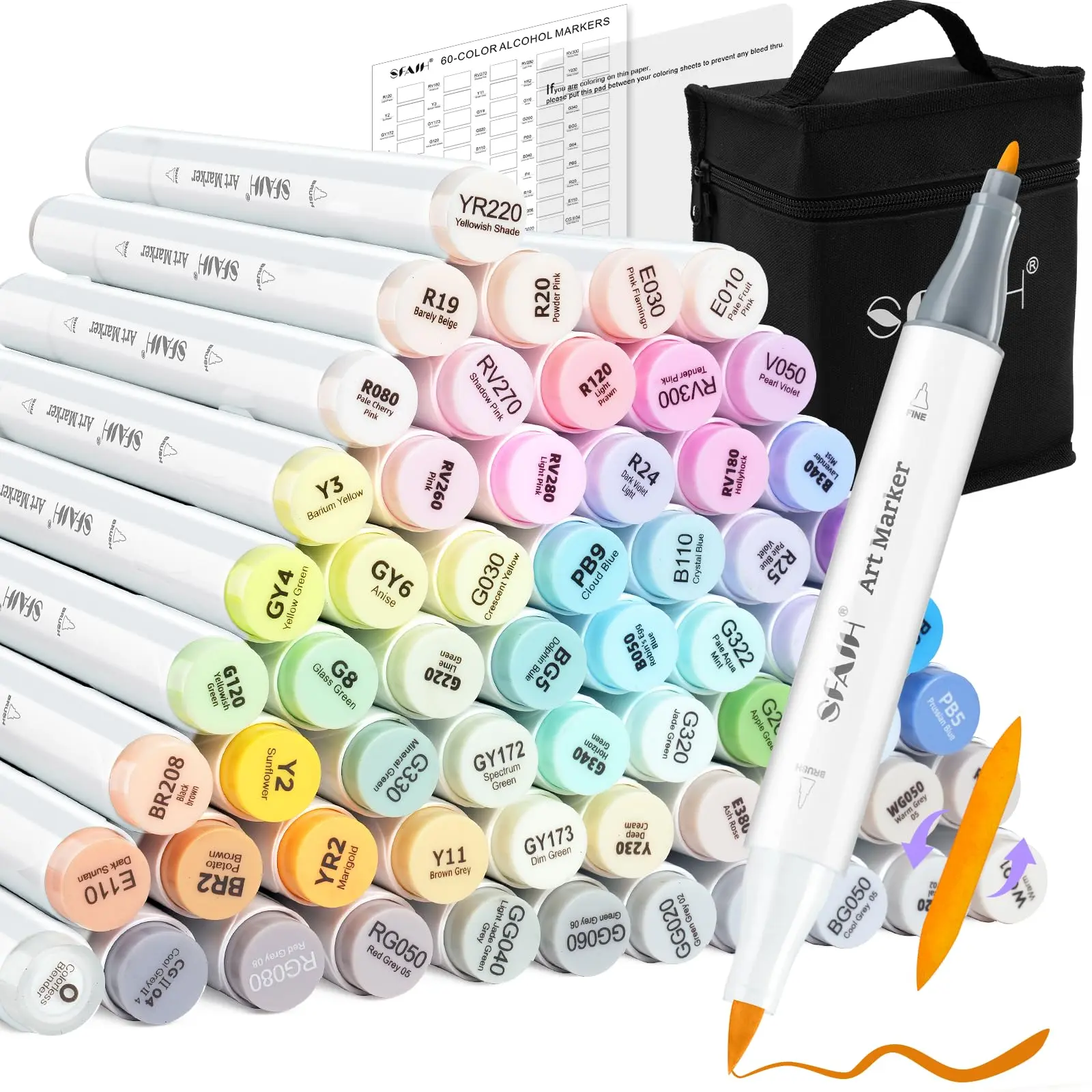SFAIH Dual-Tip Alcohol Ink Markers - 61 Pastel Blending Brush & Fine Tips, Colorless Blender, Carrying Case for Artist Illustration, Adult Coloring Books, Artist Gifts